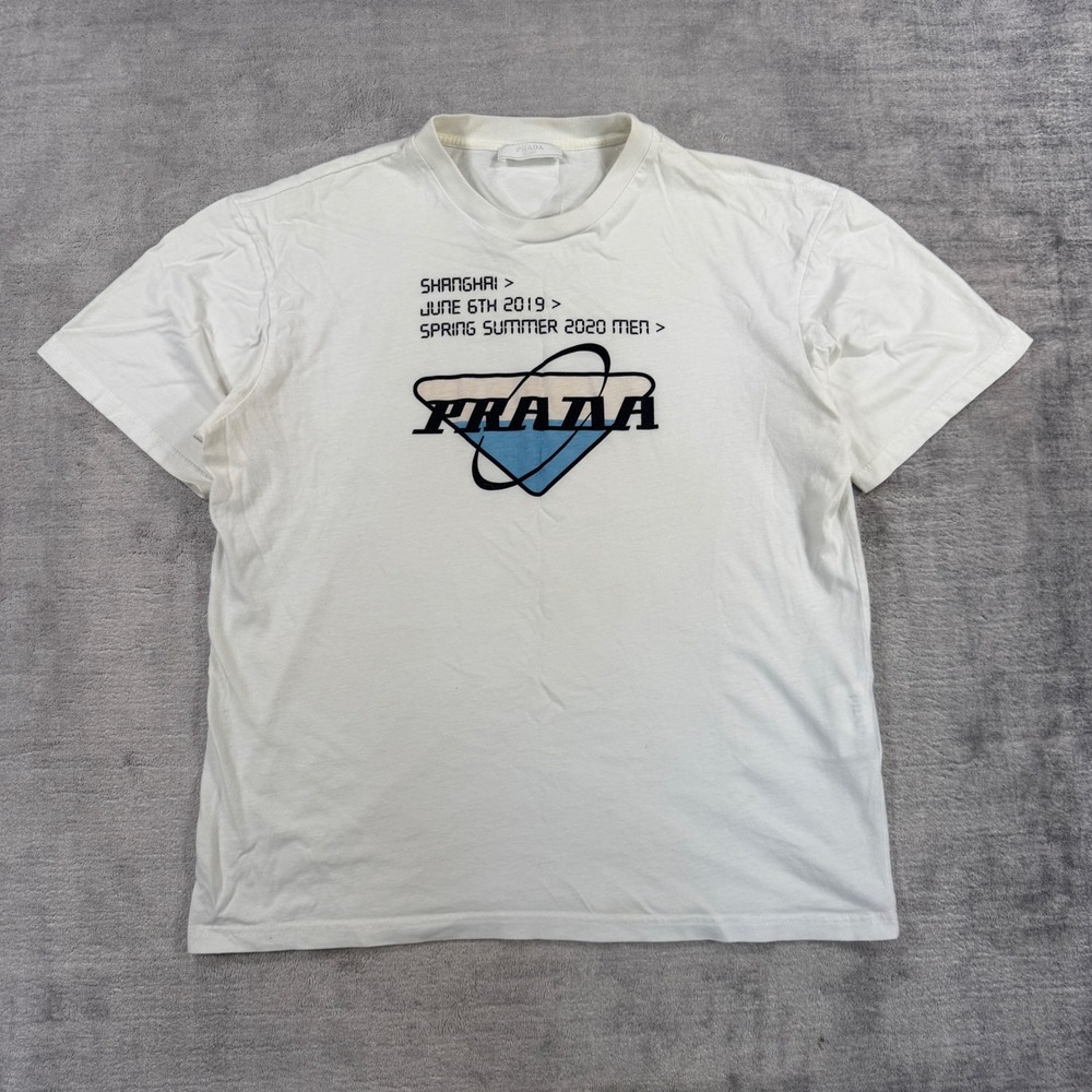 Prada Shirt Mens Medium White SS20 Shanghai Runway Graphic Logo Designer UJN639